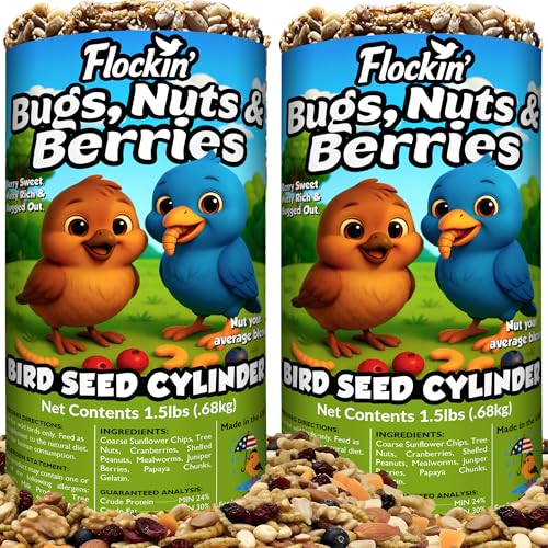 Bugs, Nuts & Berries Bird Seed Cylinders with Hole, Mealworms, 2 Pack | Protein Rich Wild Bird Food with Mealworms, Cylinder Bird Seed, Attracts a Variety of Wild Birds, No Filler, USA Made, 1.5lbs - size: 2-Small