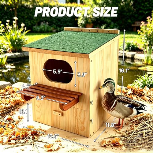 Large Wood Duck House – Weatherproof Roof, Duck Perch Platform | Duck nesting box for yards, ponds, wetlands. Predator-proof entrance, duckling ladder, easy-clean. Fits trees, posts, walls.