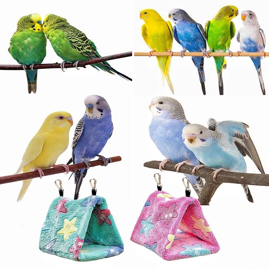 2 Pack Warm Bird Nest Plush Snuggle Bird Hammock Hanging Bird Cave Parrot Sleeping Bed Shed Hut Hanging Tent for Budgies Finch Parakeet Cockatiel Cockatoo Lovebird-Star Pattern (Pink&Green) - color: Pink&Green(Star)
