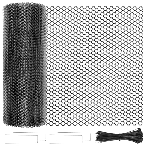16 INx50 FT Plastic Chicken Wire Mesh Poultry Netting Garden Fence Black | Plastic Chicken Wire Fencing Roll with Ground Stakes & Nylon Ties - Pet Cat Balcony Protection & Outdoor Chicken Coop Barrier