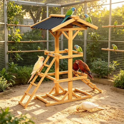 Wood Parrot Perch Multi-Tier Bird Play Stand with 2 Ladders and Canopy | Stable Wooden Bird Activity Playground, Suitable for Small Medium Parrots, Backyard Cage Accessory