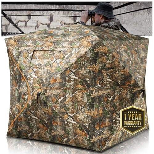 Portable Hunting Blind - 270°/360°See Through with Waterproof Floor Mat | Detachable Ground Mat, Silent Adjustable Windows, Pop Up Ground Blind for 2-4 Person, Camouflage Shelter for Turkey Deer - size: 3-4 Person（270° See Through）