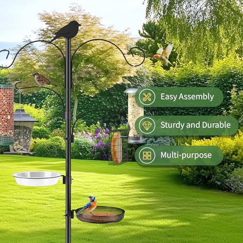 Bird Feeder Pole, 91in 4 Hook Bird Feeding Station Kit with Adjustable Shepherds Hooks, Birds Feeder for Outdoors with Pole 5 Prongs Base Attracting Wild Birds (ATR Deco, Black 91in) - color: Black, style: atr deco