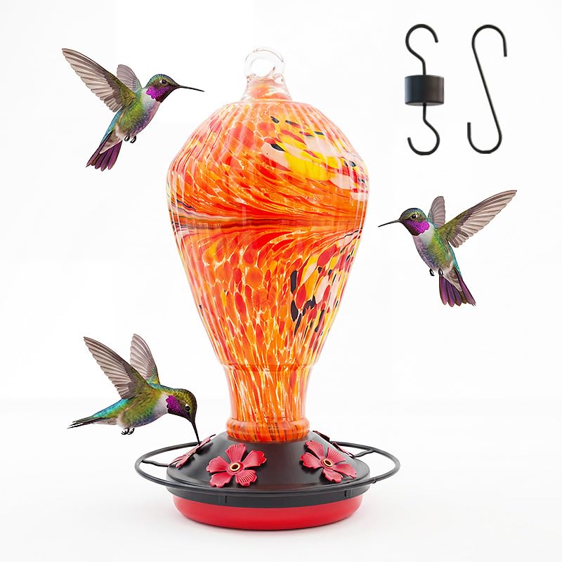 Orange Hummingbird Feeder Colorful Blown Glass Outdoor Hummingbird Feeder with Ant Moat and 5 Feeding Ports for Outdoors Hanging Garden Decor, Bird Lovers - color: Orange-Phoenix