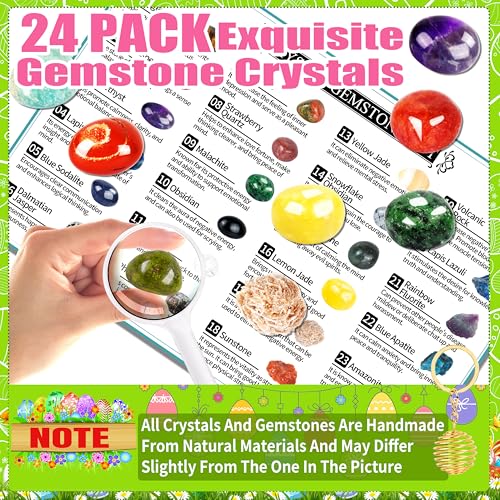 OCTERIC 24 Pcs Easter Basket Stuffers, Prefilled Easter Eggs with Gemstone Crystals Natural Crystal and Rock Stones Collection Set Easter Party Favors for Egg Hunt Kids Classroom Prize Supplies