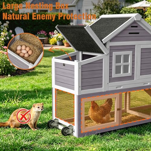 Chicken Coop with Run, Mobile Chicken Coop with Wheels for 4-6 Chickens, Large Outdoor Hen House with Nesting Box, Weatherproof Asphalt Roof, Pull-Out Tray for Small Animals in the Backyard - color: Grey