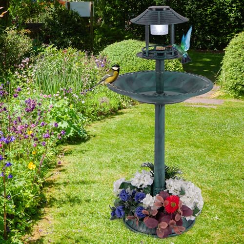 Solar Bird Bath, Pedestal Bird Bath with Bird Feeder, Flower Planter Base, and Solar Powered Lamp, Standing Birdbath for Outdoors, Garden, or Yard, 42 Inch Tall (Green) - color: Green