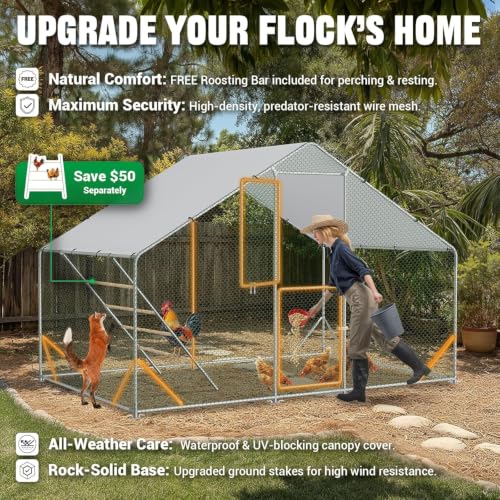 ACEPIC 10x6.5x6.5ft Metal Chicken Coop with Roosting Perch & Security Lock | Walk-in Poultry Cage with Waterproof & UV Resistant PE Top, Predator-Proof Hen Run - size: 118.11"L x 78.74"W x 78.74"H
