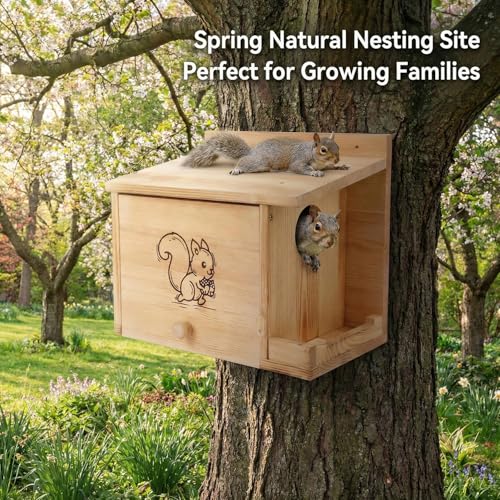 Extra Large Squirrel Houses for Outside 15.7" Outdoor Nest Box with Feeder | Carbonized pine wood, anti-predator design, Mounts on tree or fence. 2-in-1 shelter and feeder for backyard wildlife - size: L