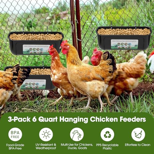 3 Pack 6 Quart Chicken Duck Feeder Trough, Black | Fence Mount Hanging Feeder with Clips; Fits Chicken, Duck, Geese, Turkeys, Goats & All Farm Livestock Coop Feeding - color: black