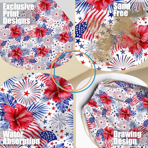 American Flag Beach Towel Bag - Blue Red Flower Microfiber 2 In1 Beach Blanket Drawstring Bag for Holiday Travel - color: American Flag Red