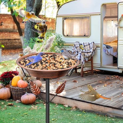 37.8In Metal Bird Bath for Outside, Vintage Birdbaths Removable Feeder Bowl with 5 Prongs Base Stake, Easy to Clean Birdfeeder for Outdoors Garden Yard Lawn Decor(Vintage Brown, Leaf) - color: Vintage Brown, Leaf