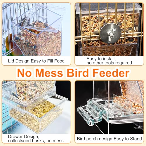 VCEPJH No Mess Bird Feeder with Water Dispenser, Automatic Parrot Feeder Drinker Parakeet Seed Dispenser Food Container with Cage Perch for Lovebirds Conures Budgies Canary Finch (4Pcs) - color: Blue