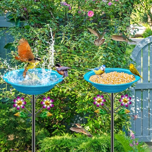 Metal Bird Bath for Outside Garden Birdbath Bowl, Freestanding Bird Feeders for Outdoors with 5 Prongs Base Stake, Standing Birdfeeders Bath Bowl for Yard Decor(Retro Blue) - color: Retro Blue