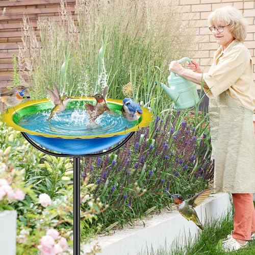 Metal Bird Bath for Outside, Garden Birdbath Bowl Freestanding Bird Feeders for Outdoors with 4 Prongs Base Stake, Standing Birdfeeders for Yard Lawn Decor (Blue Yellow) - color: Blue Yellow
