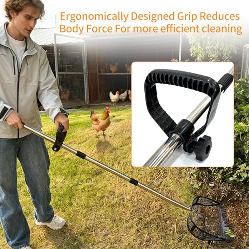 2-in-1 Chicken Poop Scooper, Chicken Coop Sand Rake with Adjustable Handle | 24-68in Stainless Steel Handle, Chicken Coop Rake for Chicken Coop Accessories Waste Cleaning Tools