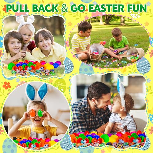 Seifar 48 Pack Prefilled Easter Eggs Filled with Pull Back Cars, Eggs with Racing Vehicle Inside, Easter Hunt Basket Stuffers Party Favors Classroom Prizes Gift for Kids Girls Boys - style: cartoon