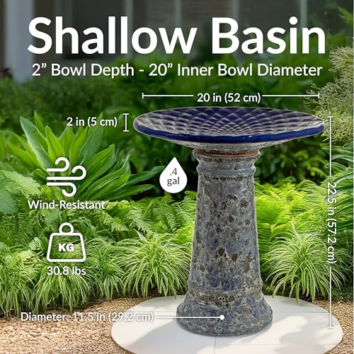 Sunnydaze Outdoor Ceramic Bird Bath, 22.5” H, Glazed Bowl, Blue Lava Finish | 2-Piece Birdbath, 6 Cup Water Capacity, UV & Frost-Resistant, Easy Assembly, Shallow Bird Bath Bowl with Pedestal for Garden - style: Blue Glazed with Lava Distressed Pedestal
