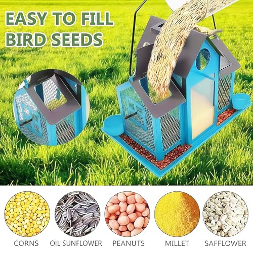 Solar Bird Feeders House for Outside Hanging, Metal Wild Bird Feeder for Outdoors Large Capacity Cardinal Birdfeeder Birdhouses Metal Bird Feeding Station Blue - color: blue