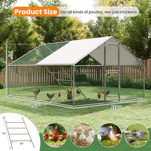 Amopatio Metal Large Chicken Coop 13x10 FT Walk in Chickens Runs with Chicken Roosting Perch, Outdoor Chicken Pen with Security Lock and Split Door for Farm, Yard, Backyard - color: Silver, size: 157.0"L x 119.0"W x 79.0"H