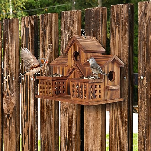 MIXUMON Bird Houses for Outside with Bird Feeder, Outdoor 3 Hole Bird House Room for 3 Bird Families Bluebird Finch Cardinals Hanging Birdhouse for Garden