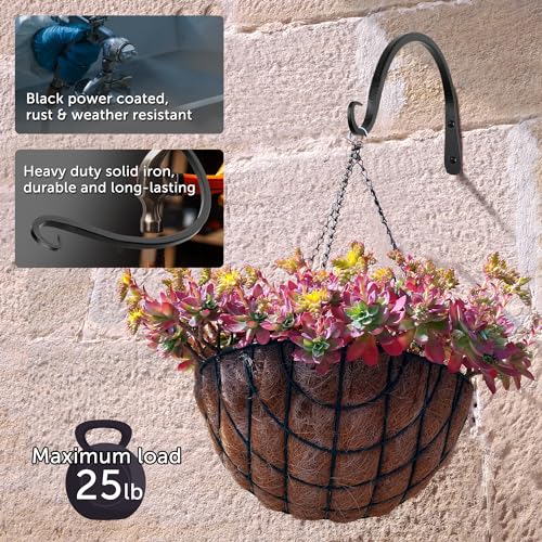 Worth Garden 6-Pack 10" Plant Hanger Bracket - Hand-Forged Wrought Iron Powder-Coated Heavy Duty Wall Hooks - Black Curved Plant Hanging Hooks for Bird Feeders, Flower Baskets, Indoor & Outdoor Use - size: 10" Length