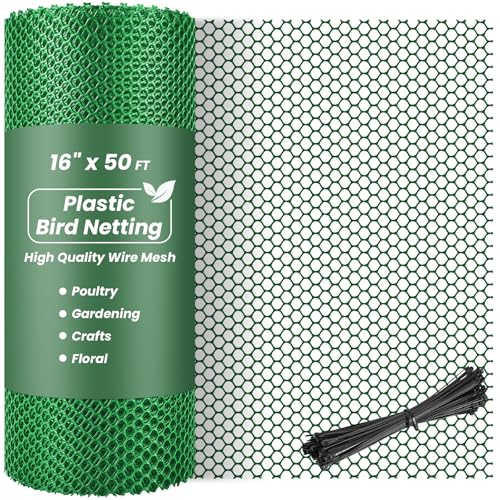 Toolterritary 16IN x 50FT Plastic Chicken Wire Mesh, Chicken Wire for Floral Arrangements, Chicken Wire Mesh for Crafts with 100 Pcs Zip Ties, Mesh Fence for Dogs, Deers, Poultry - color: Green, size: 16IN x 50FT