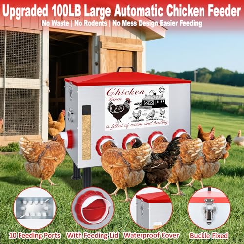 100Lb Automatic Chicken Feeder with Window 8 Port No Waste Rust-Proof Galvanized Steel with Locking Lid & Adjustable Height Legs Waterproof Portable Poultry Feeder for Chickens,Ducks,Geese