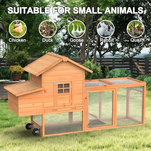 GOJOOASIS Portable Chicken Coop with Wheels & Handrail, Weatherproof Wooden Hen House, Removable Tray & Nesting Box, Ideal for Chickens, Ducks, Rabbits & Small Animals (80" Wood Top with Wheel)