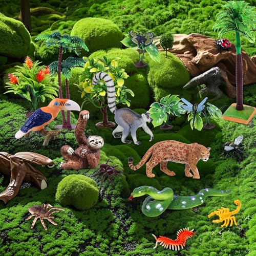 26Pcs Rainforest Animals Figures, Realistic Jungle Toys Set for Kid | Rainforest Diorama Supplies for school project, birthday gifts, cake toppers, sensory play, party favors, Non-Toxic - style: Rainforest