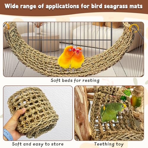kathson 2 Pcs 29.5 x 7 Inches Large Bird Seagrass Mat, Bird Hammock for cage，Bird Seagrass Woven net，Climbing Rope Ladder with Hooks, Chew Toys for Pigeon Cockatiel Conure Budgie Cockatoo Rat Hamster