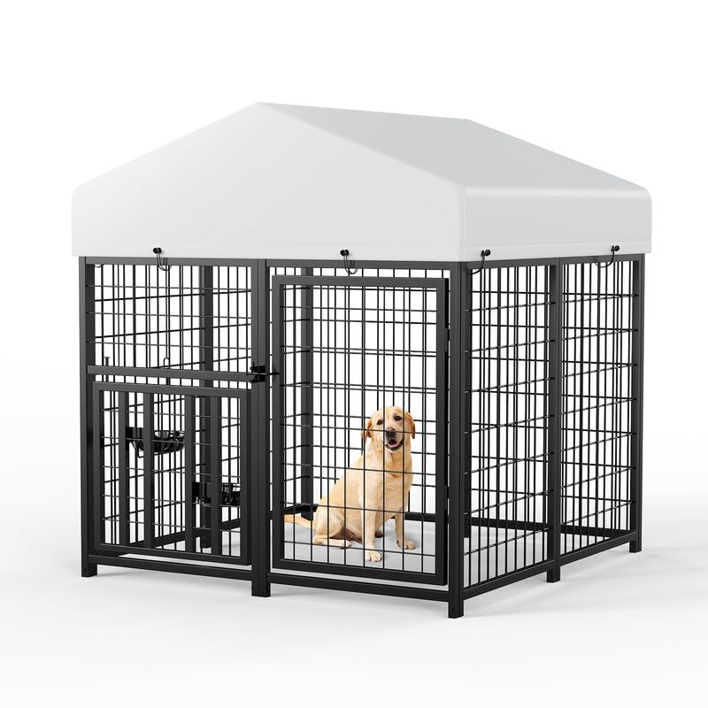 ROOMTEC Large Dog Kennel Outdoor Pet Pens Dogs Run Enclosure Animal Hutch Metal Coop Fence with Roof Cover (4'L x 4'W x 4.25'H) - size: 48.0"L x 47.0"W x 51.0"H