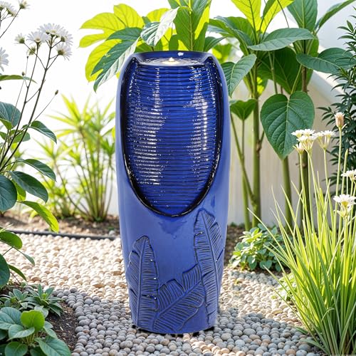 Autodaya 33" H Ceramic Jar Outdoor Water Fountain with Lights, Cobalt Blue | Natural Charm Water Feature with 3D Tropical Leaf Pattern, Soothing Cascading Waterfall for Peaceful Garden Patio Yard Porch - color: 32"h Cobalt Blue New