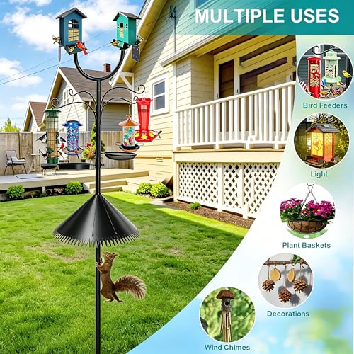 Squirrel Proof Bird Feeder Pole, Dual U-Shape 92" Adjustable Heavy Duty Stand, Multi-Purpose Outdoor Bird Feeding Station & Yard Decor, Includes Hooks, Trays, Baffle & Base