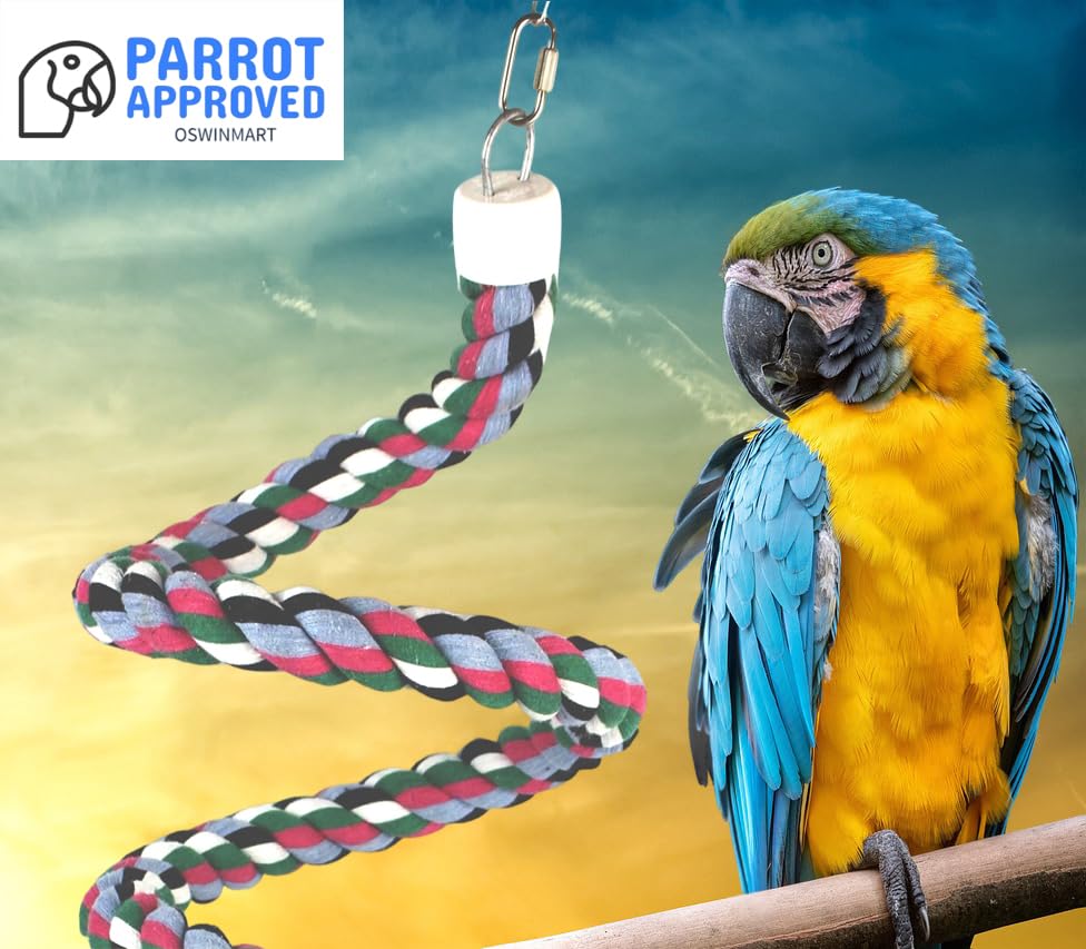 65inch Cotton Bendable Rope(Plus 1 Set 3 Steel Bells) Perch Swing Bird Chew Toys Amazon Parrots Cage Toys with Bell Swing Climbing Standing Bungee Bird Toys for Large to Regular Size Birds - size: 65 inches (1 piece)