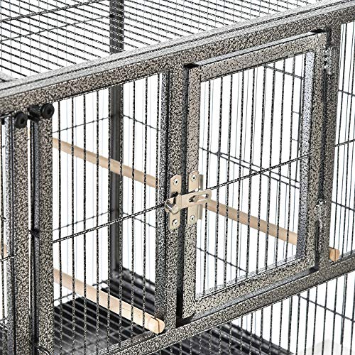 PawHut Divided Breeder Bird Cage with Rolling Stand Removable Metal Tray | Storage Shelf, Wood Perch, Food Container