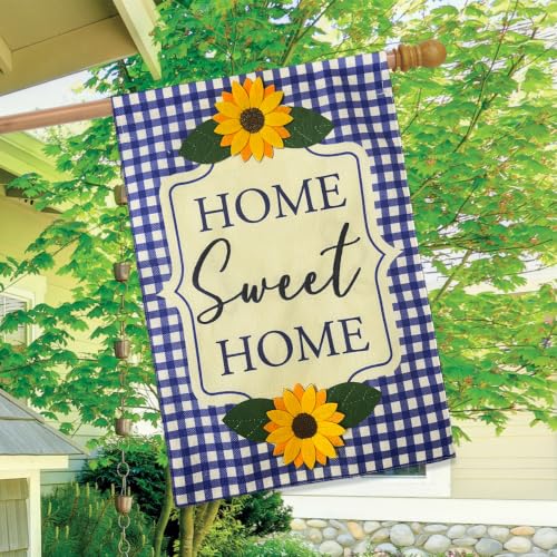 Briarwood Lane Blue Checkered Sunflowers Burlap House Flag - color: Blue Checkered