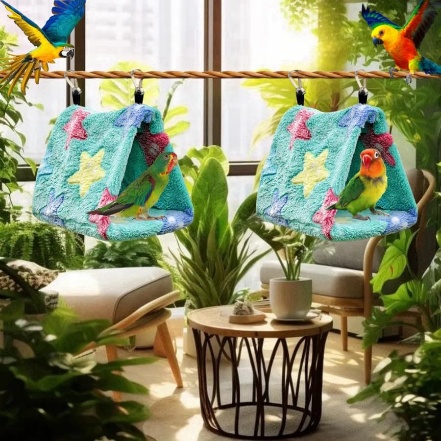 2 Pack Warm Bird Nest Plush Snuggle Bird Hammock Hanging Bird Cave Parrot Sleeping Bed Shed Hut Hanging Tent for Budgies Finch Parakeet Cockatiel Cockatoo Lovebird-Star Pattern (Pink&Green) - color: Pink&Green(Star)
