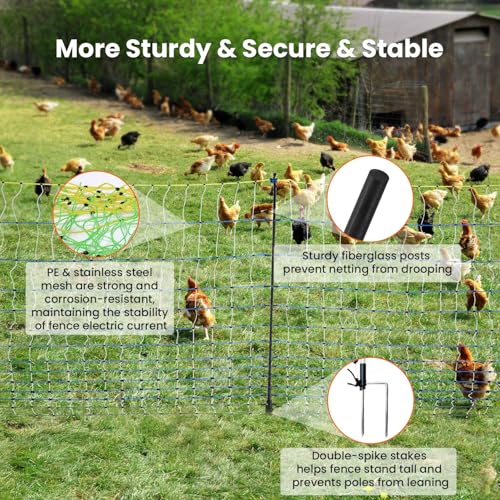 Poultry Netting Electric Fence,47.2" H x 164'L, Electric Chickens Fence | for Chickens, Ducks, Turkeys, PE Net Fencing Kit with Posts & Double-Spiked Stakes, Used in Backyards, Farms - size: 47.2" H x 164'L