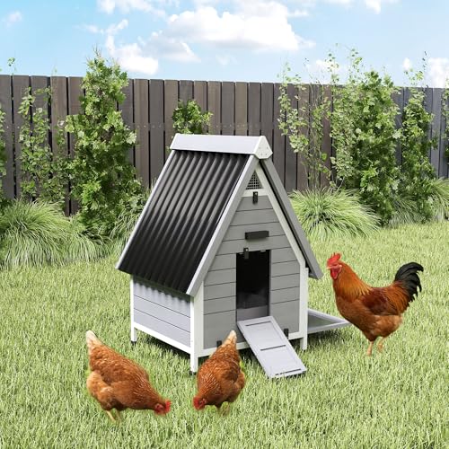 PawHut Chicken Coop for 2 Hens, Outdoor Wooden House, 31" x 29" x 43", Grey | Removable Nesting Box & Roosting Bar, Tray, Ramp, Chicken House, Poultry Cage Rabbit Hutch