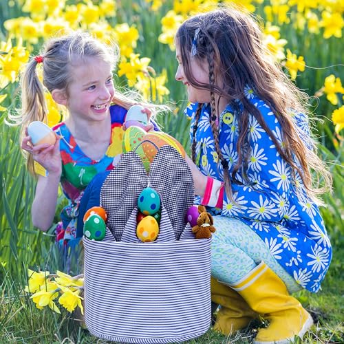 Easter Basket Seersucker Egg Hunt Bunny Baskets for Kids with Cute Rabbit Ears Stripe Storage Gifts Candies Personalized Easter Party Gifts… - color: Seersuck blue