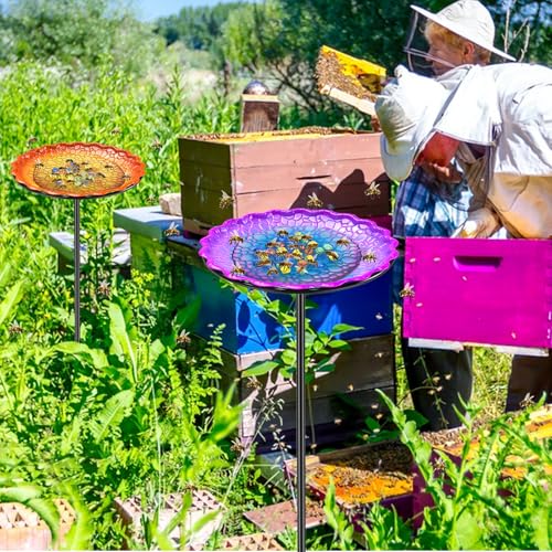 Bee Butterflies Watering Station, Standing Bee Feeder with Glass Marbles for Outside, Bee Bath Feeder with Metal Stakes Butterfly Puddler Garden Yard Déco (Purple) - color: Purple