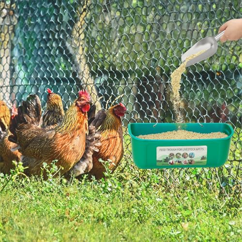 6 Pack Fence Feed Feeder 4.5 Quart Hanging Chicken Feeder Trough with Brush & Scoop Green Goat Hanging Fence Feeders Feeder with Hooks Screws & Zip Tie for Livestock Feeding Container Goats Supplies - color: Green, size: 6 Pack
