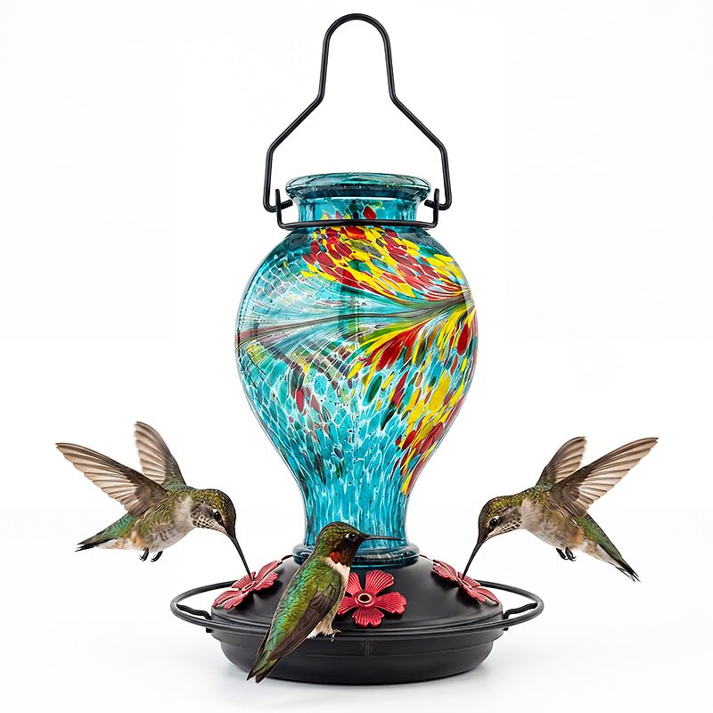 Hummingbird Feeder Colorful Blown Glass Outdoor Hummingbird Feeder with Ant Moat and 5 Feeding Ports for Outdoors Hanging Garden Decor, Bird Lovers (Blue-2) - color: Blue-Phoenix-2