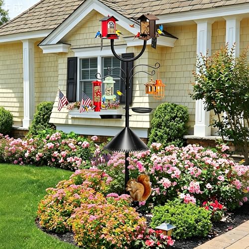 U-Shape 92" Bird Feeder Pole, Squirrel Proof 5-Prong Base for Bird Buddy | Squirrel baffle, 4 shepherd hooks, seed & birdbath tray; U-shape mount holds smart feeders & bird houses for yard garden