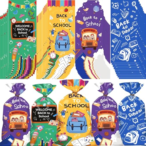 CUUSNNY 100 Pcs Back to School Goodie Bags Cellophane Treat Bags | First Day of School Candy Goodie Gift Bag with Gold Twist Ties for Welcome Back to School Party Favor Supplies - color: Back to School