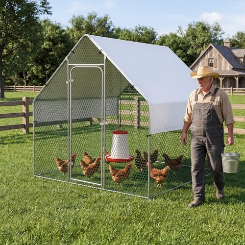 Large Chicken Coop Metal Walk-in Run 6.6' x 6.6' x 6.6', Heavy Duty Galvanized Steel Cage with Waterproof Cover, Secure Lock, Outdoor Pen Enclosure for Hens, Ducks, Rabbits - size: 79.0"L x 79.0"W x 79.0"H