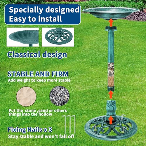 Bird Bath with Solar Fountain, 20in Green Bowl for Outside Garden Yard Lawn | 100% Solar Auto-start Pump, 6 Spray Nozzles, Rustproof Plastic, Holds 1.58gal Water, Attracts Birds & Butterflies, 28in Tall - color: Green Bird Bath