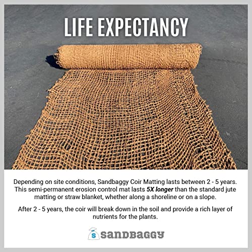 Sandbaggy Coir Mat | Erosion Control Product for Stopping Soil Erosion on Hillsides, Riverbanks & Oceanfront | Lasts 5X Longer Than Straw Blanket | Lasts 2-5 Yrs (Homeowner Size - 4 ft by 30 ft Roll) - size: 4 ft by 30 ft Roll Size or 120 sq ft