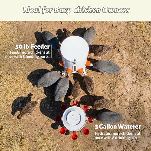 KOL 50 LB Chicken Feeder & 3 Gallon Chicken Waterer Set, All-Metal No-Waste Poultry Feeder & Automatic Gravity Waterer with 8 Ports & 8 Cups Chicken Coop Accessories